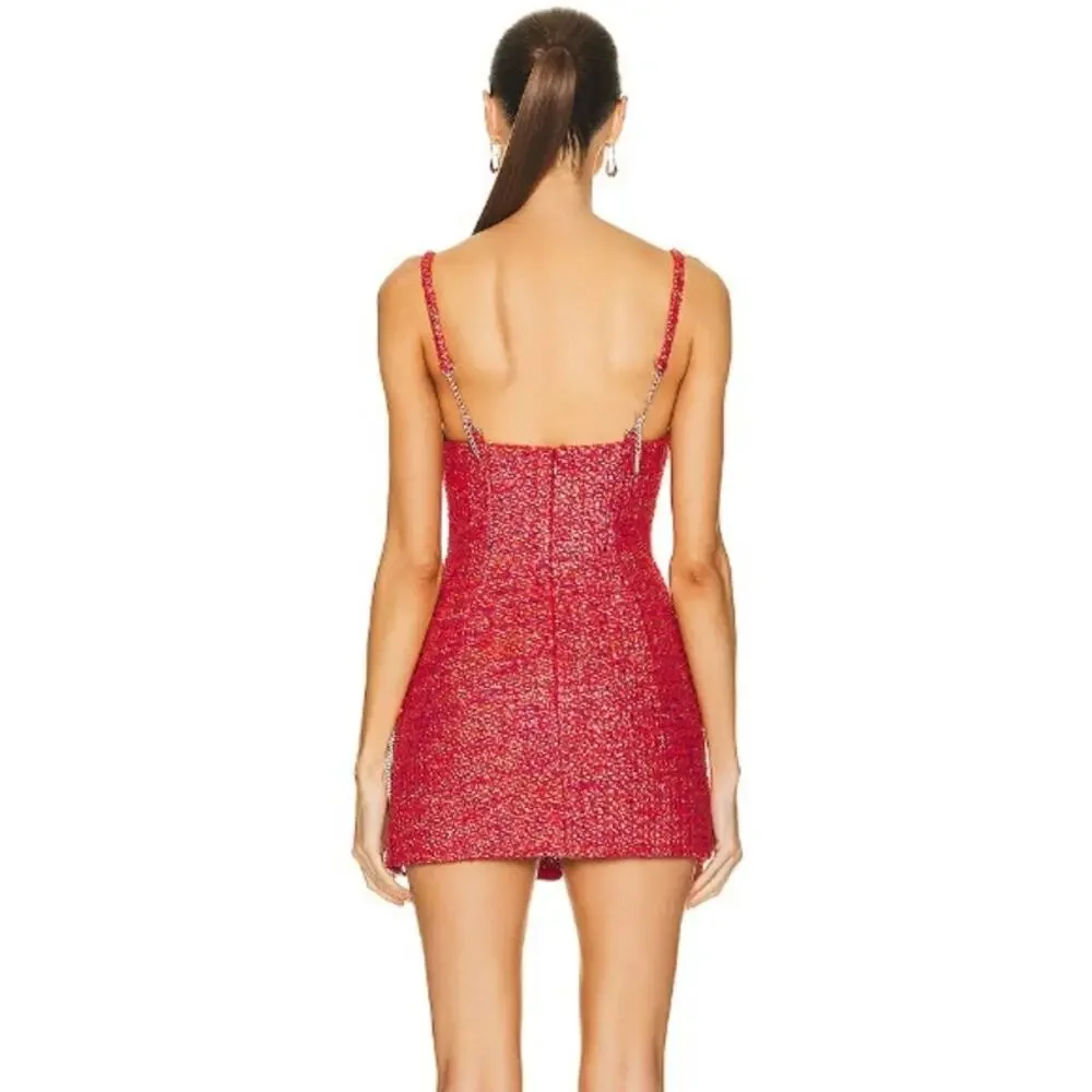 Area Crystal Bow Mini Dress Red Metallic Tweed Size 8 Cocktail Dress $1,595 - Picture 2 of 10